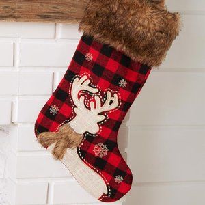 Last One!🎄NWT Fur Trimmed Plaid Deer Christmas Stocking Embroidered 20" …